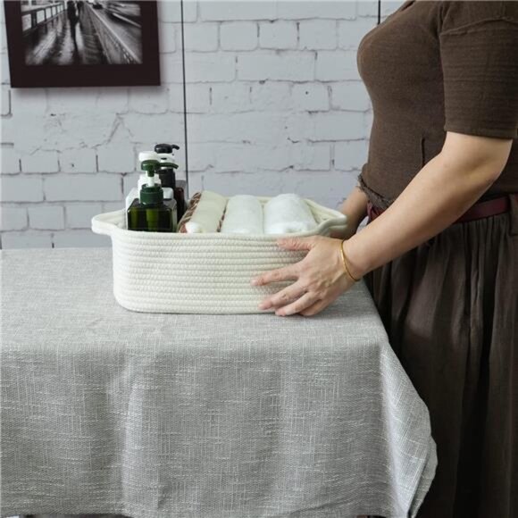 Woven Cotton Rope Storage Basket with Handles for Organizing Shelves Closet - Picture 2 of 8